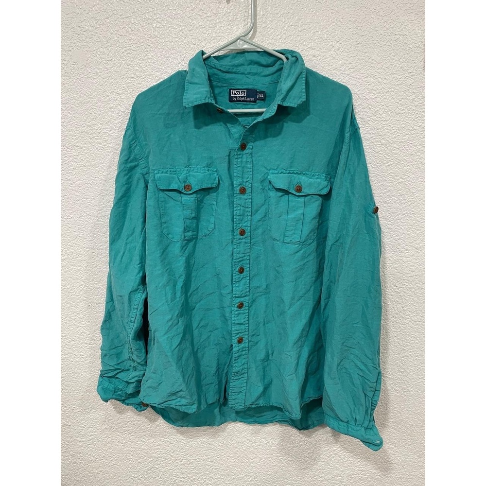 POLO RALPH LAUREN Blue Shirt Long Sleeve Casual Silk & Linen Mens XL